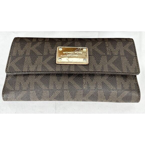 Michael Kors Women's Jet Set Large Checkbook Wallet Brown Signature MK Monogram - Picture 2 of 9